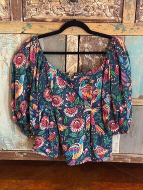 FARM Rio Navy Multicolor Puff Sleeve Floral & Bird Top